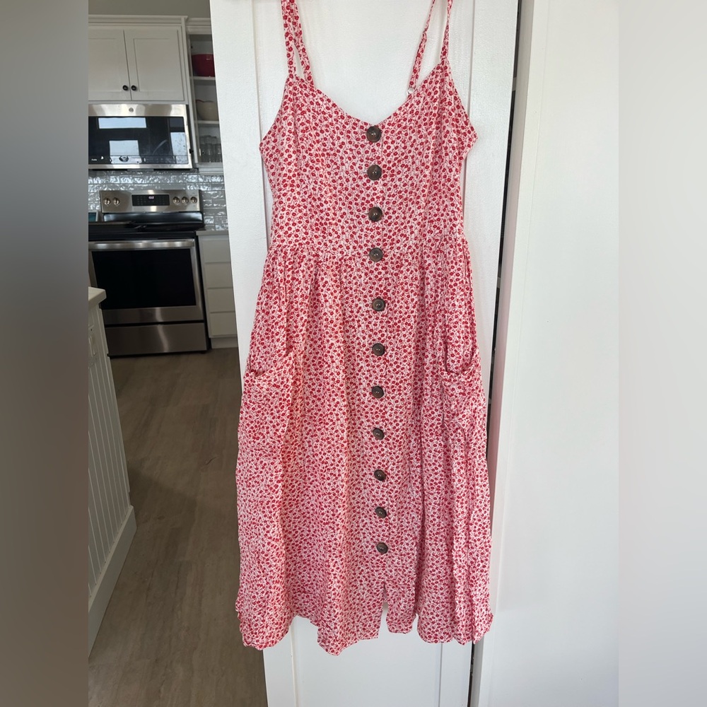 Source Unknown Red Floral Button Midi Dress